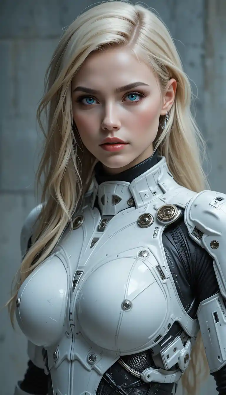 Futuristische blonde Frau in Rüstung mit stechend blauen Augen