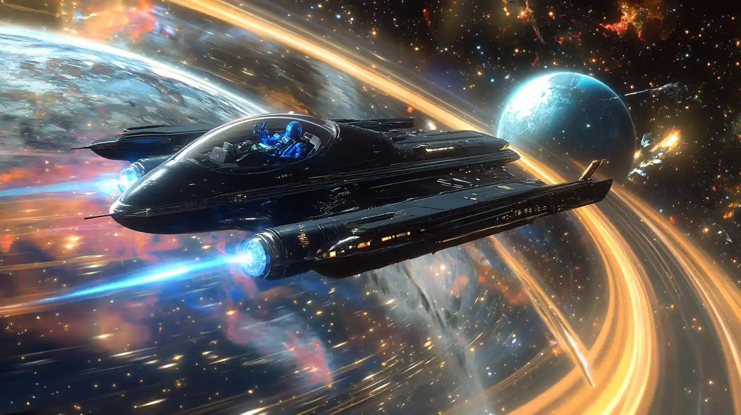 Black space fighter attacks alien dreadnought in deep space