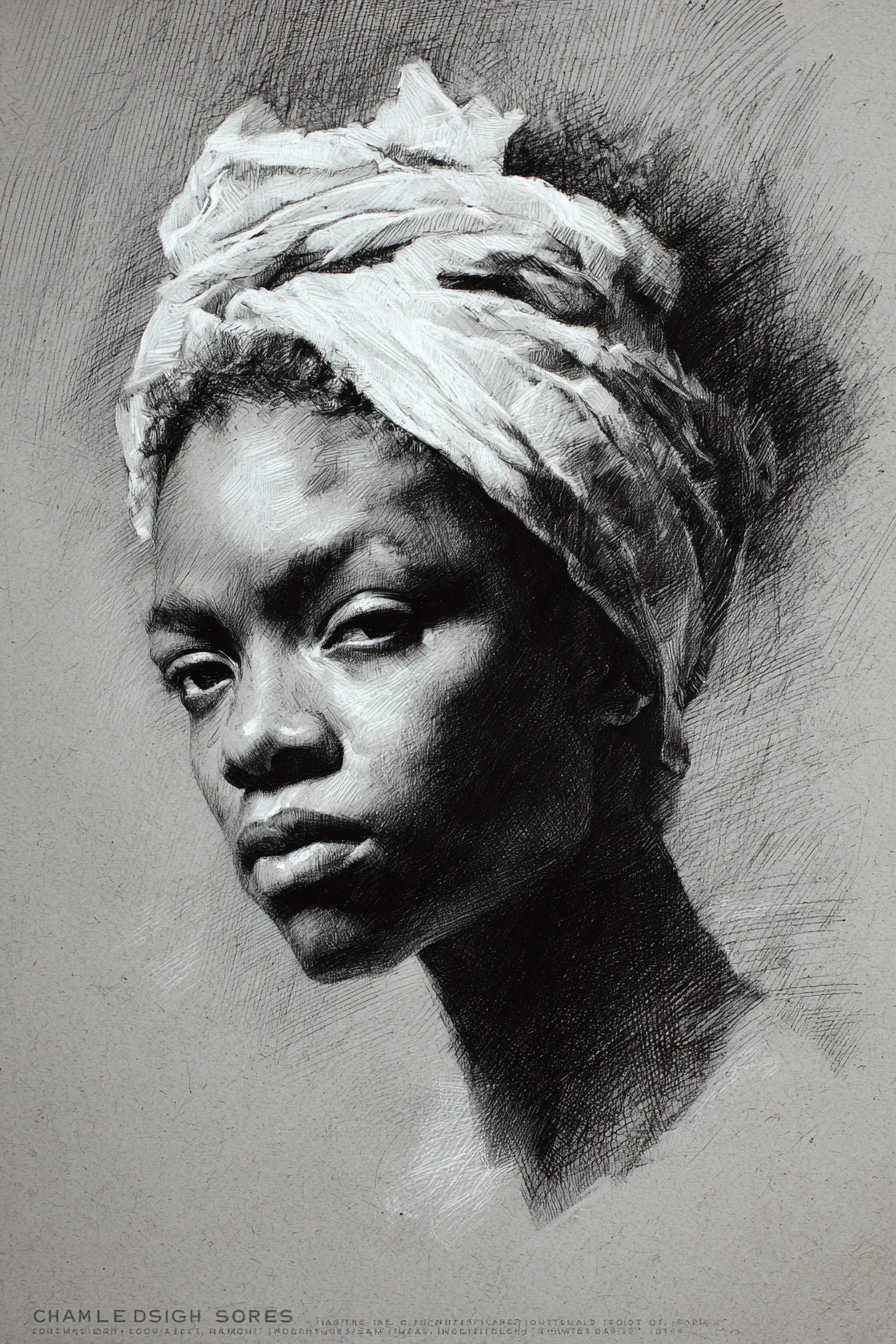 Graphite portrait of a young woman with defiant downward gaze