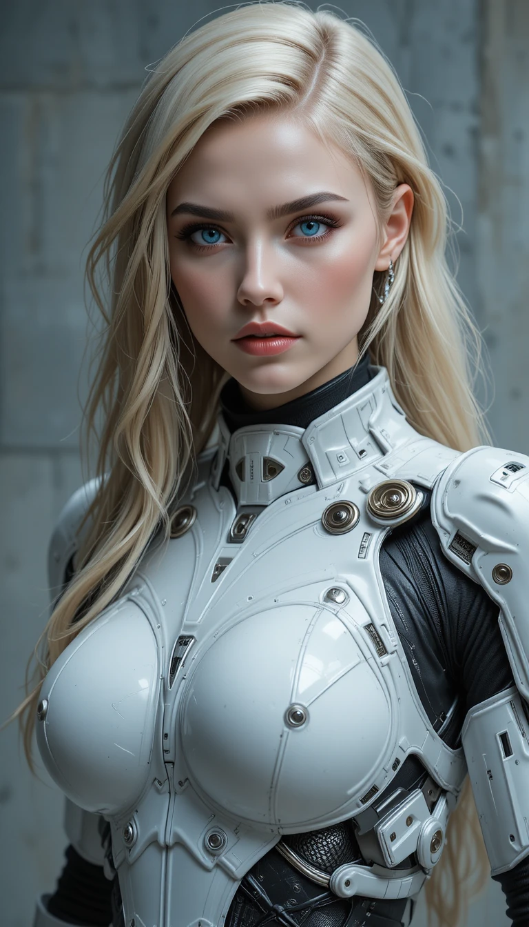 Mujer rubia futurista con armadura y ojos azules penetrantes