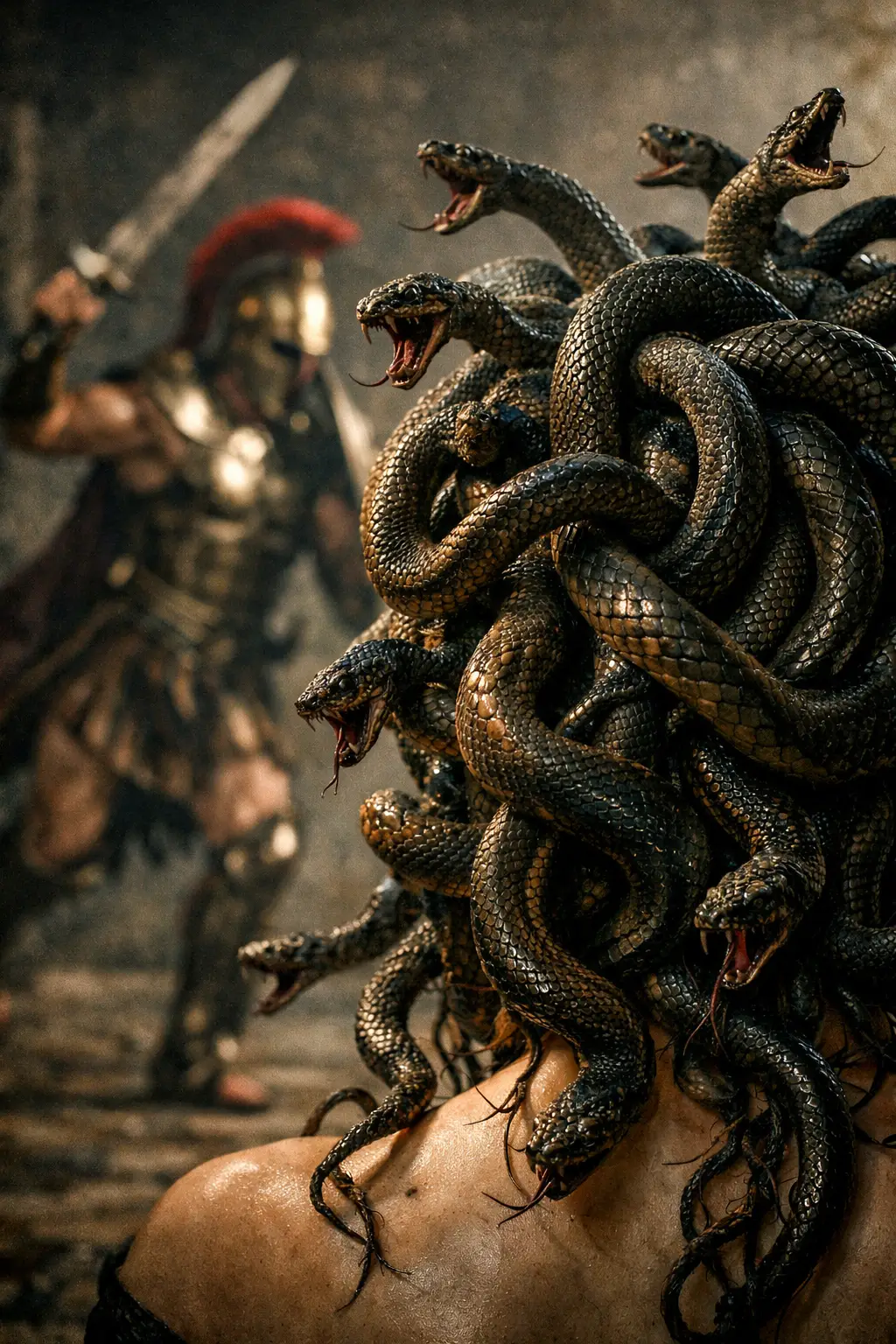 Nahaufnahme von Medusa mit sich windenden Schlangen und versteinertem Krieger