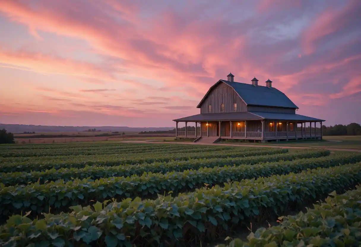 Golden hour farmhouse and barn on a peaceful coastal field