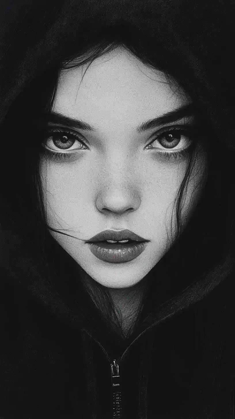 Monochrome graphite portrait of a mysterious girl in a hood