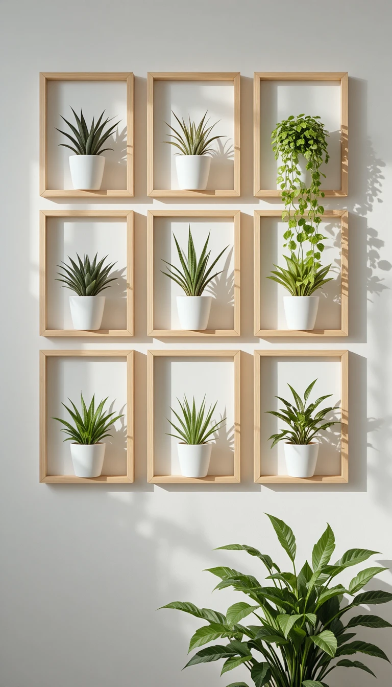 Galleria da parete scandinava con piante da interno incorniciate alla luce naturale