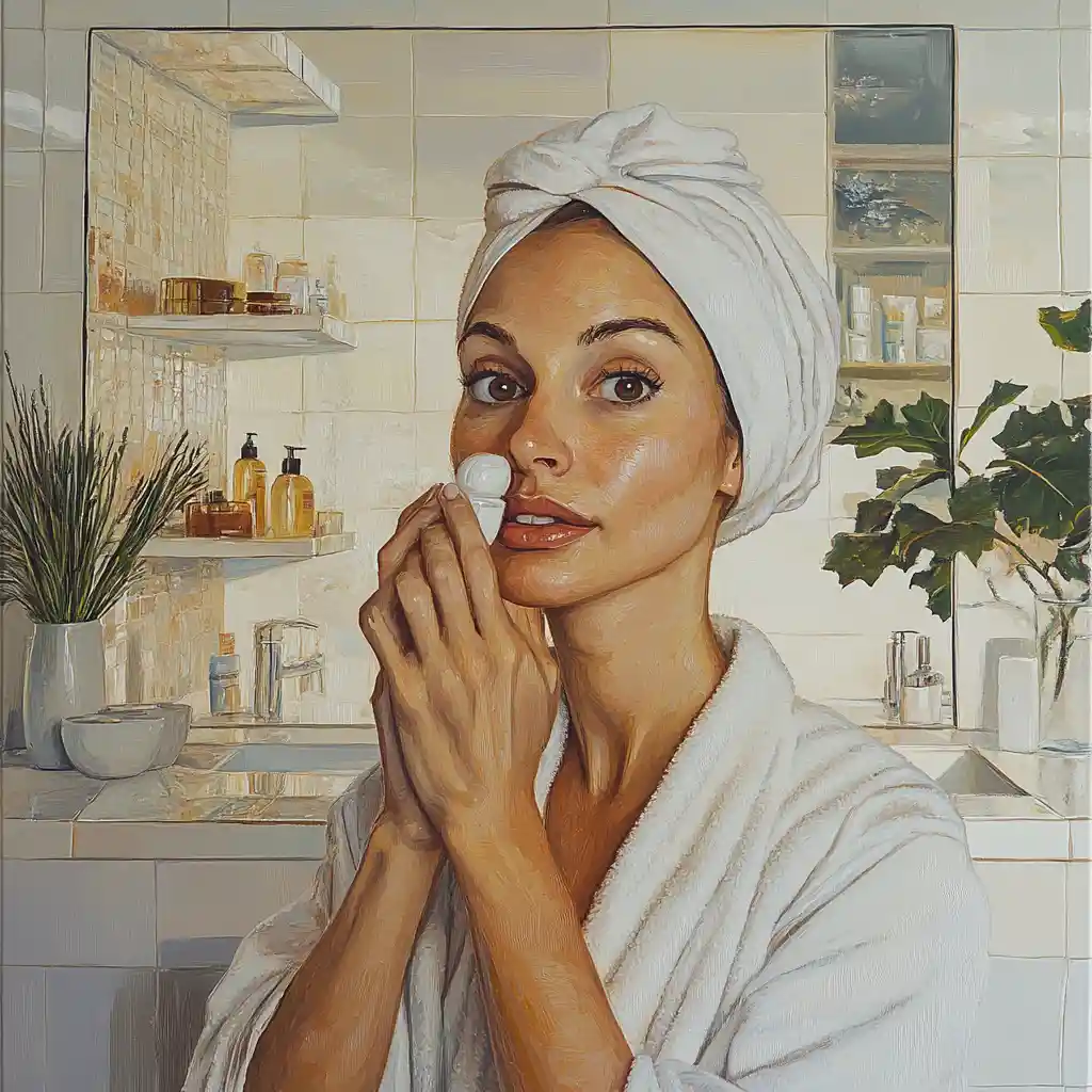 Donna che applica la crema viso davanti allo specchio di un bagno moderno
