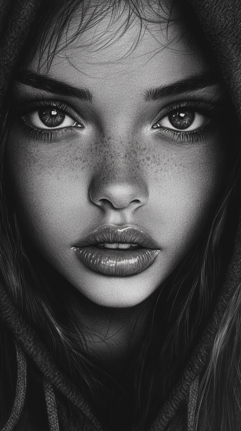 Monochrome graphite portrait of a mysterious girl in a hood