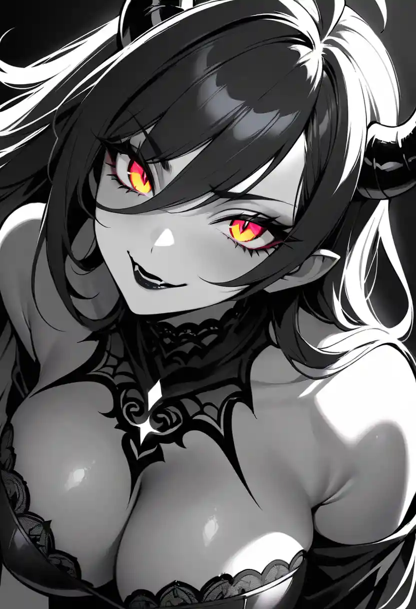 Gothic horned woman with glowing golden demon eyes