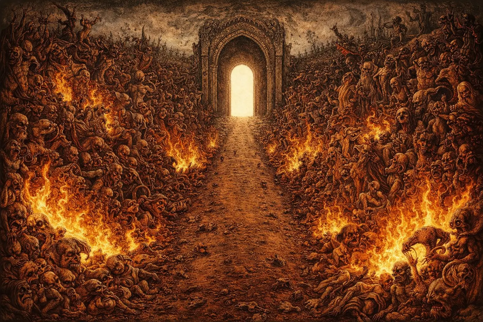 Monstros surreais ladeiam uma estrada em chamas até um portão distante
