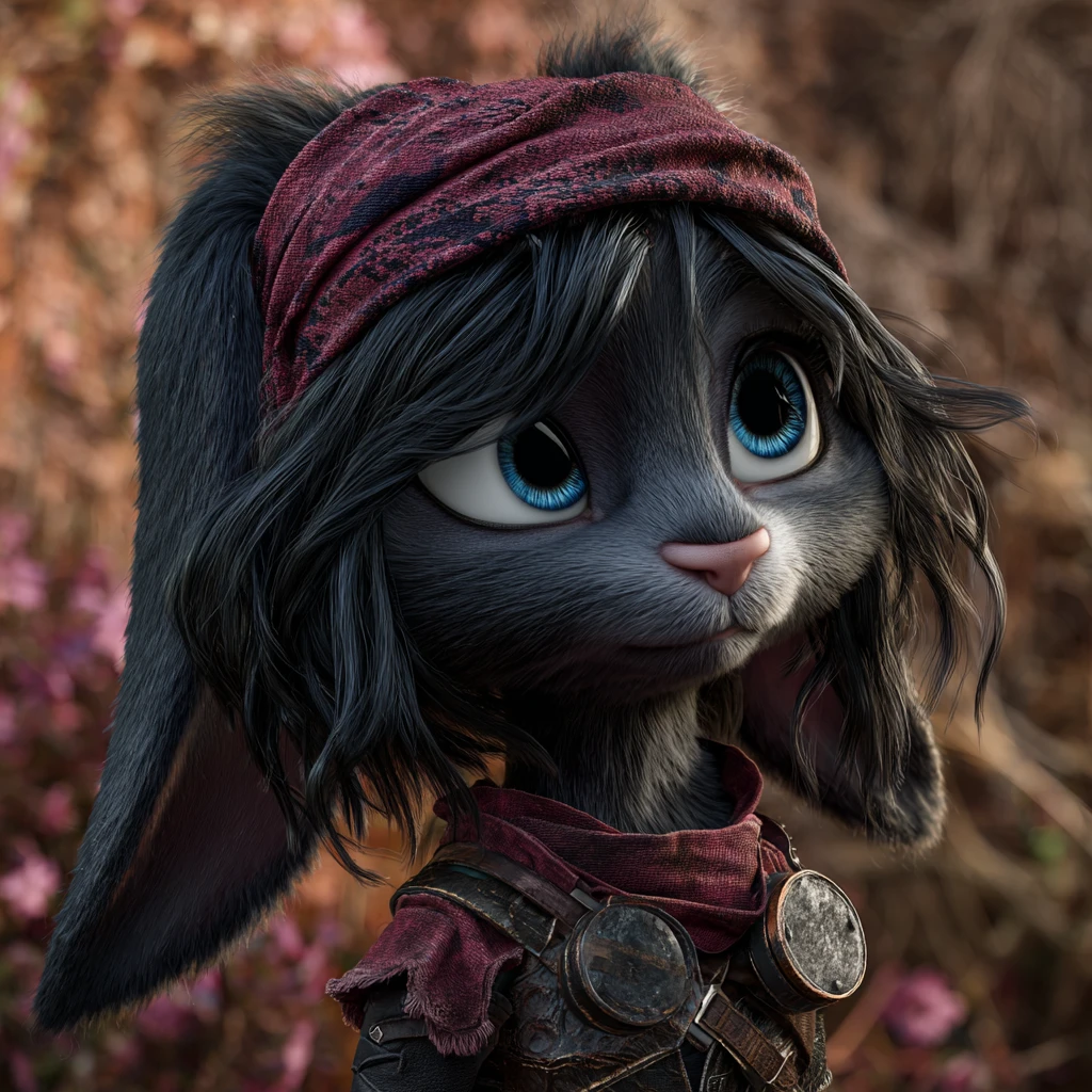 Steampunk black rabbit portrait in a blurred garden