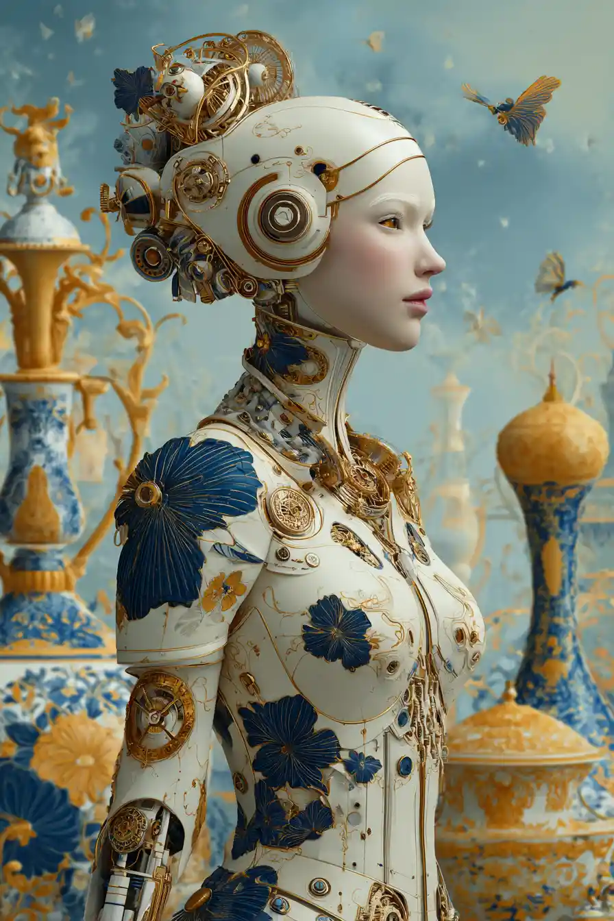 Steampunk porcelain woman in ornate cinematic portrait