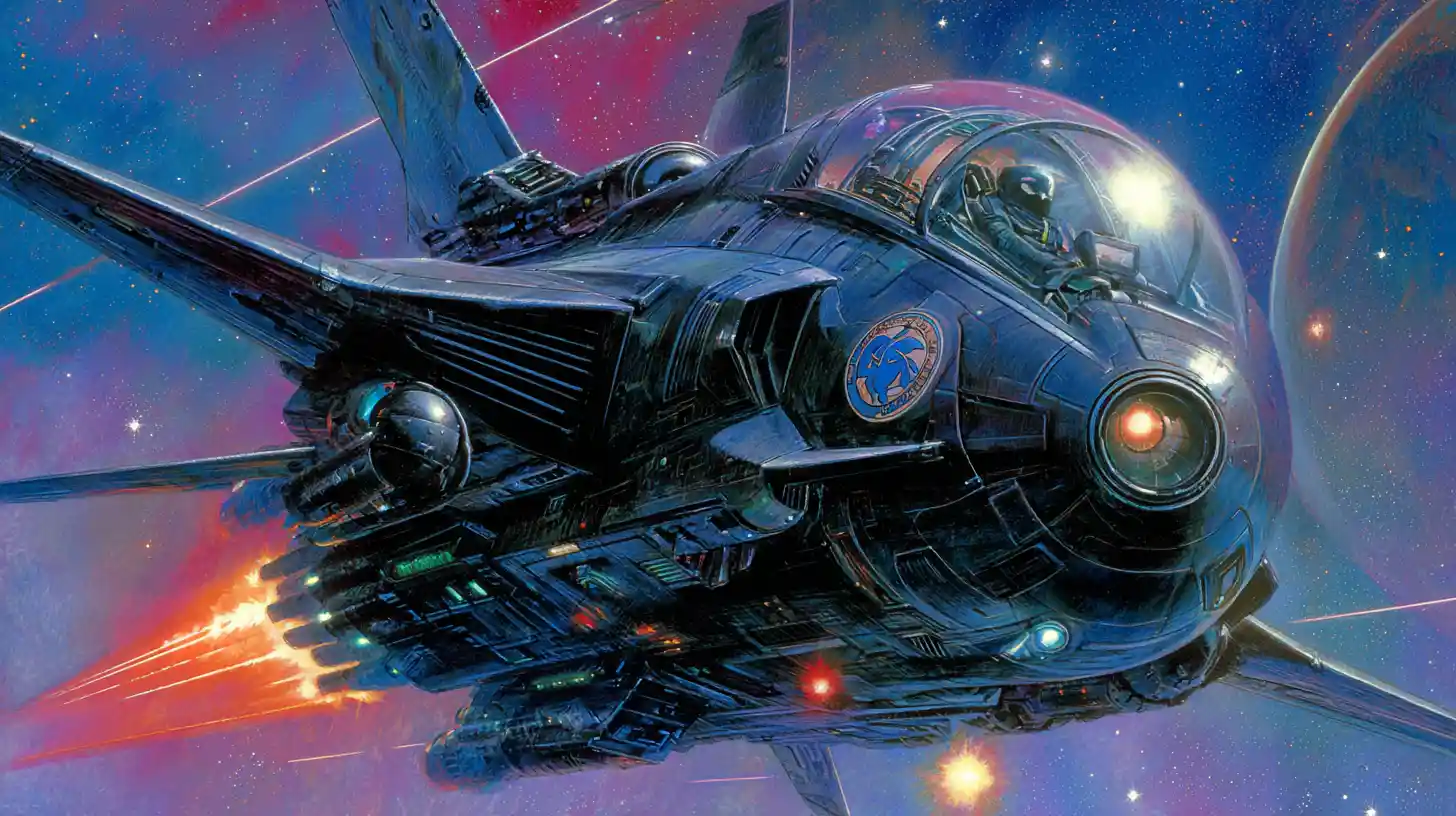 Black space fighter attacks alien dreadnaught in deep space
