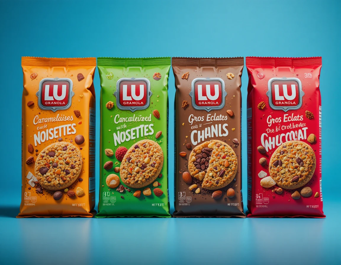 Bunte Packungen mit Schoko-Granola-Keksen auf blauem Hintergrund