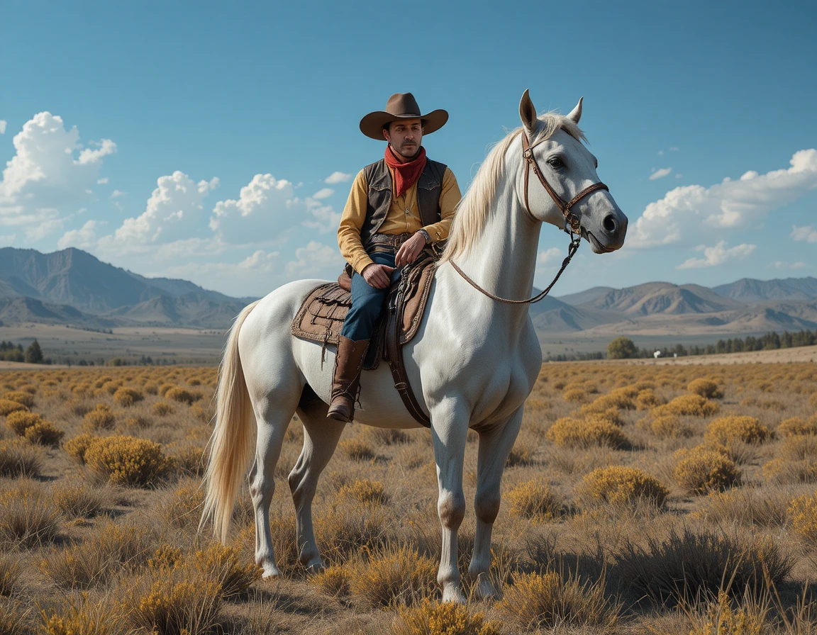 Cowboy with white horse in sunny autumn grassland