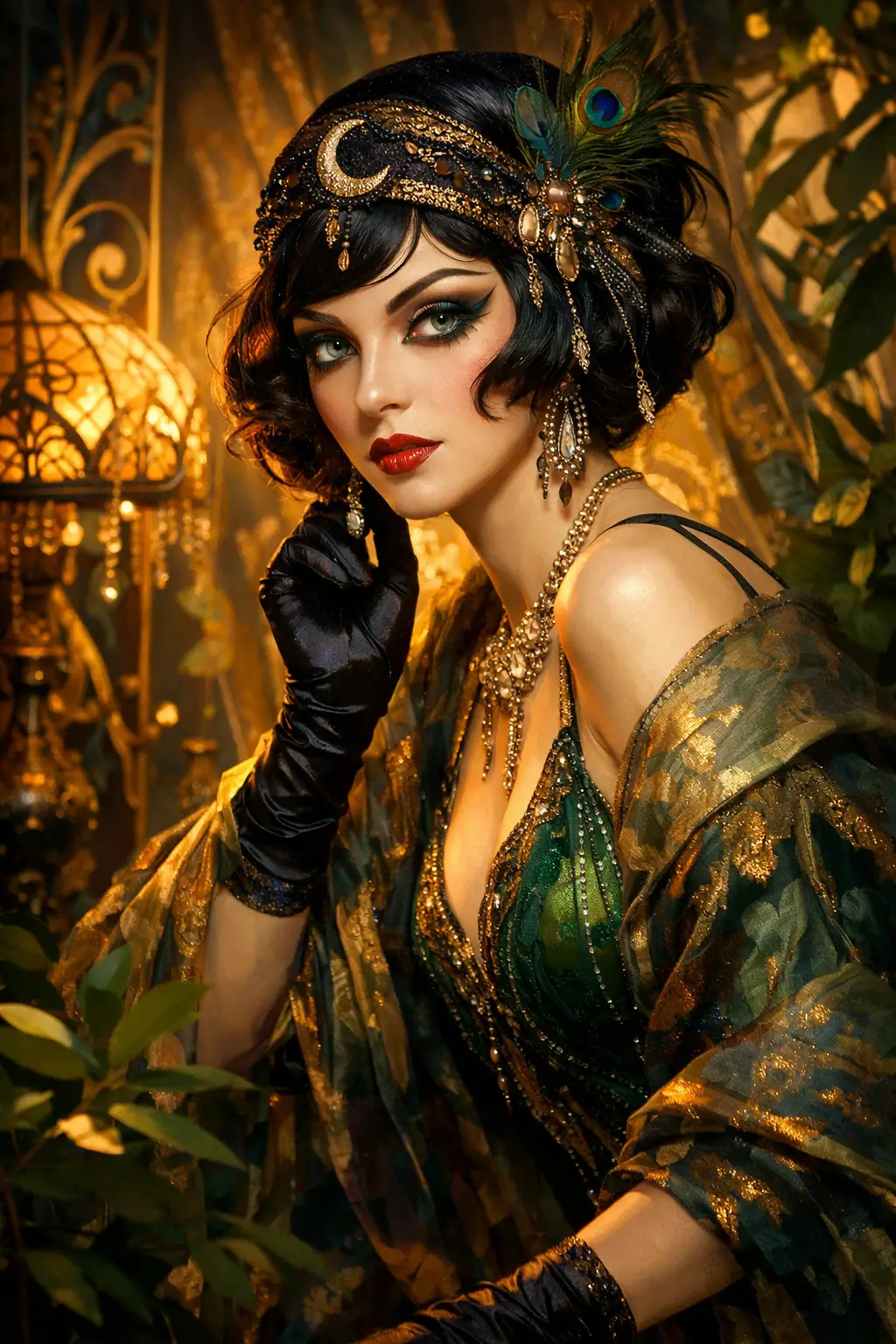 Donna mistica in stile vintage in un rigoglioso giardino dorato