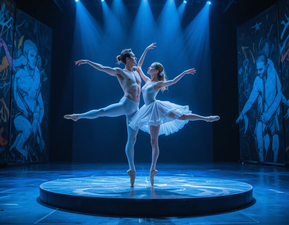 Männliche und weibliche Balletttänzer springen auf blau beleuchteter Bühne