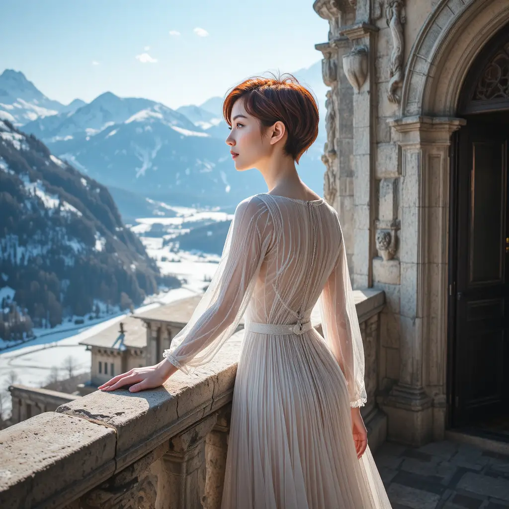 Giovane donna sul balcone di un castello alpino in un abito di lino trasparente