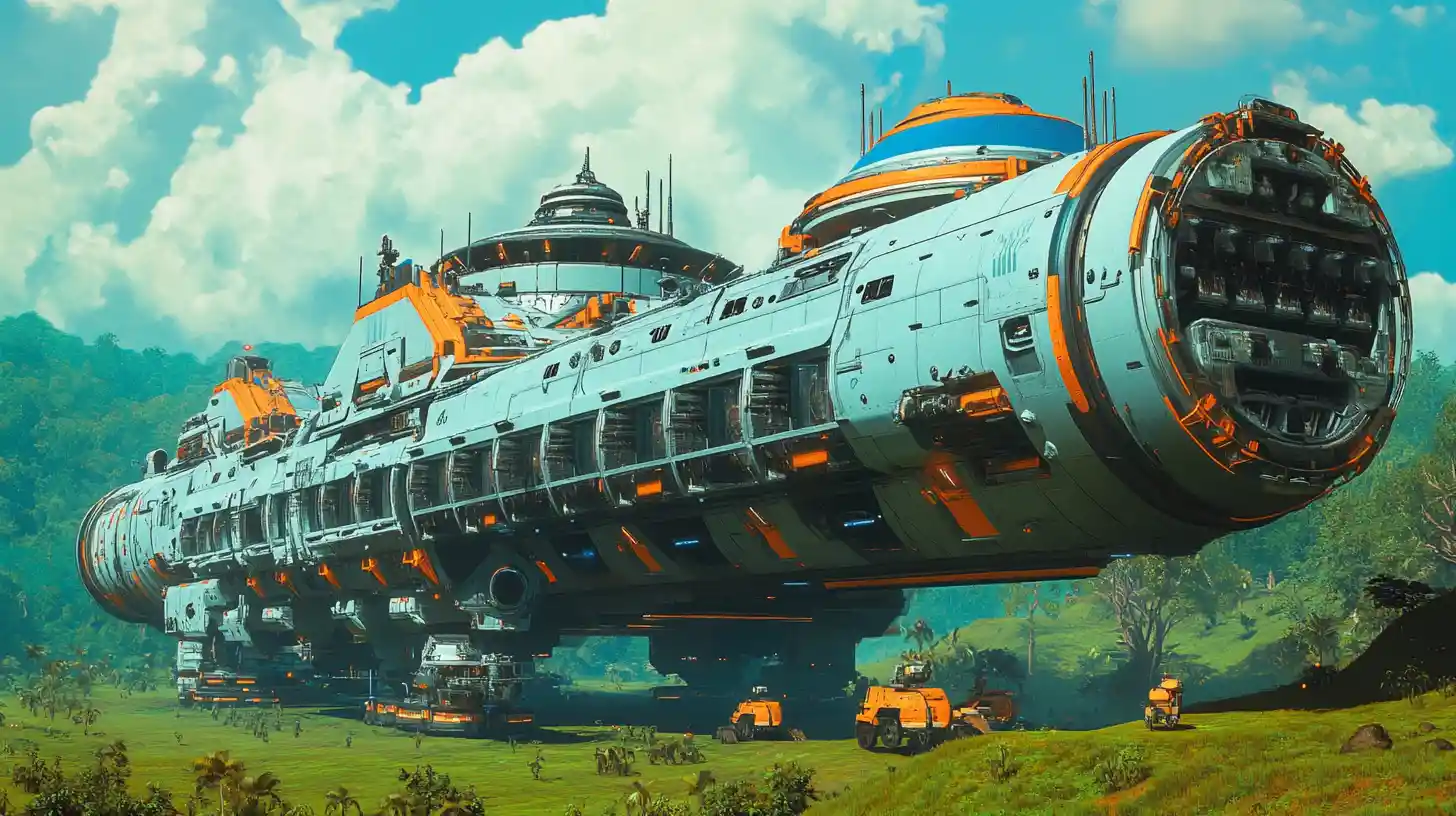 Massive Futuristic Cargo Spaceship Landed On Green Planet