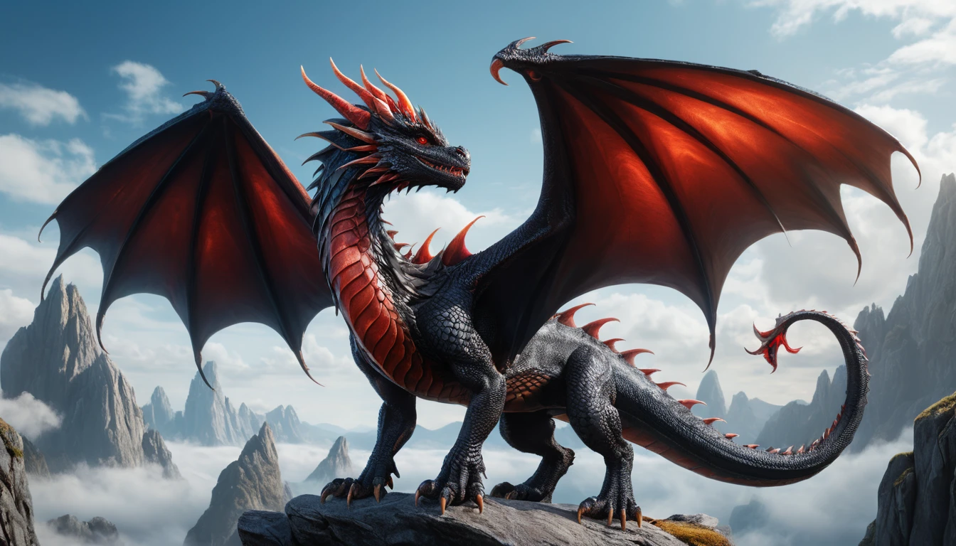 Majestic black dragon soaring in a deep blue sky