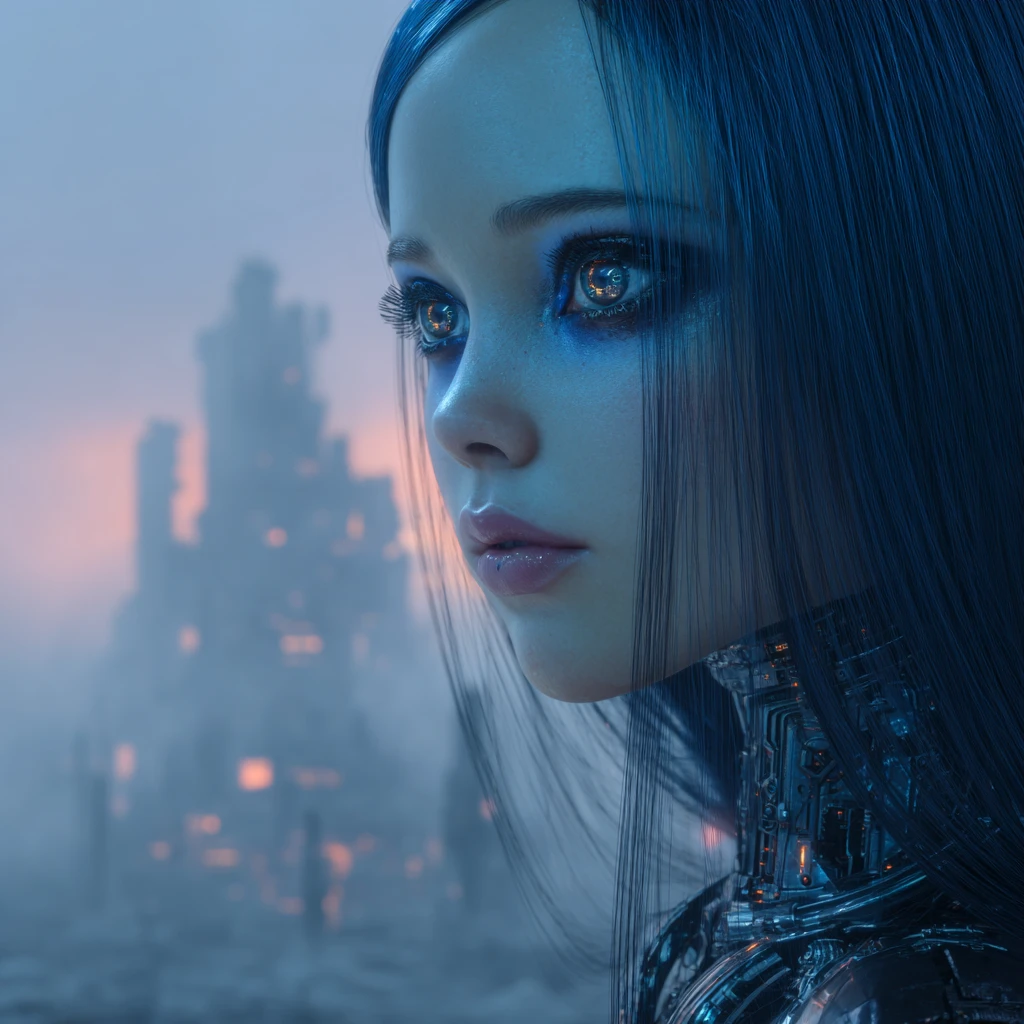 Femme cyberpunk en gros plan dans une ville post-apocalyptique brumeuse