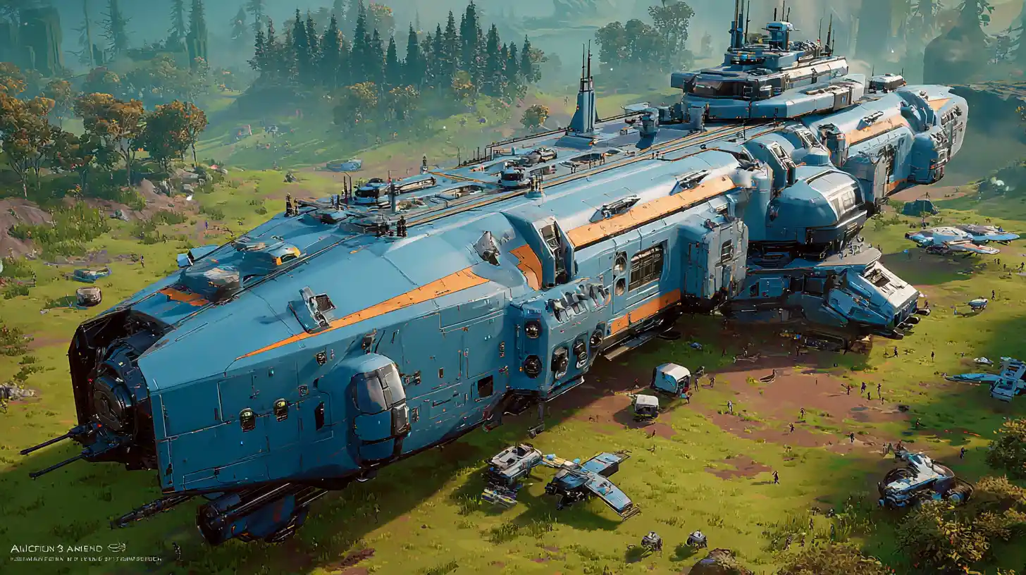 Enorme astronave cargo futuristica atterrata su un pianeta verde