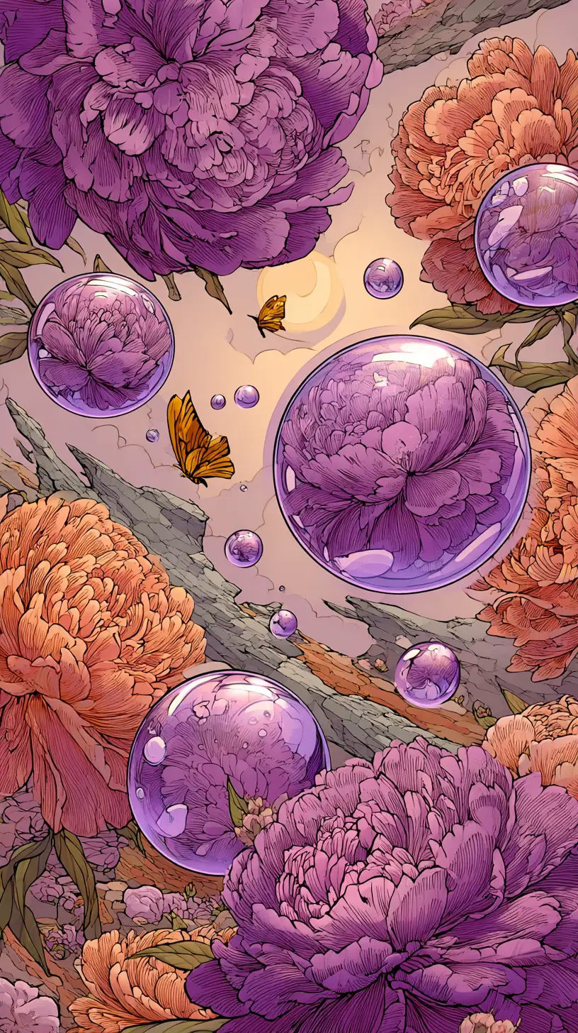 Floating glass spheres filled with soft purple peonies