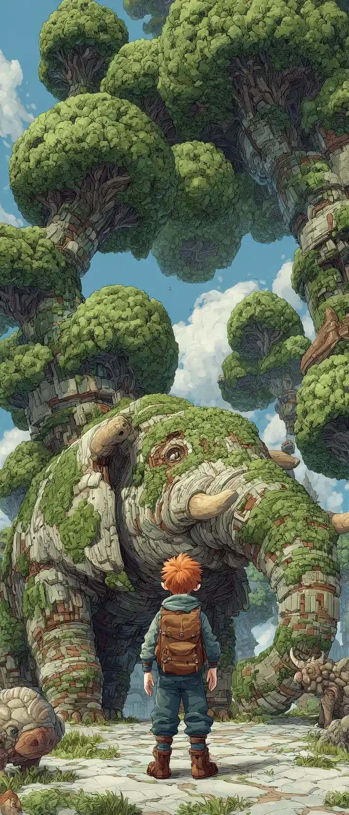 Anime wanderer discovering a surreal lego forest world