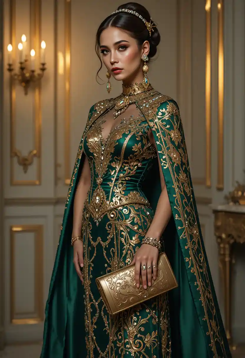 Mujer de moda couture árabe en pose regia esmeralda