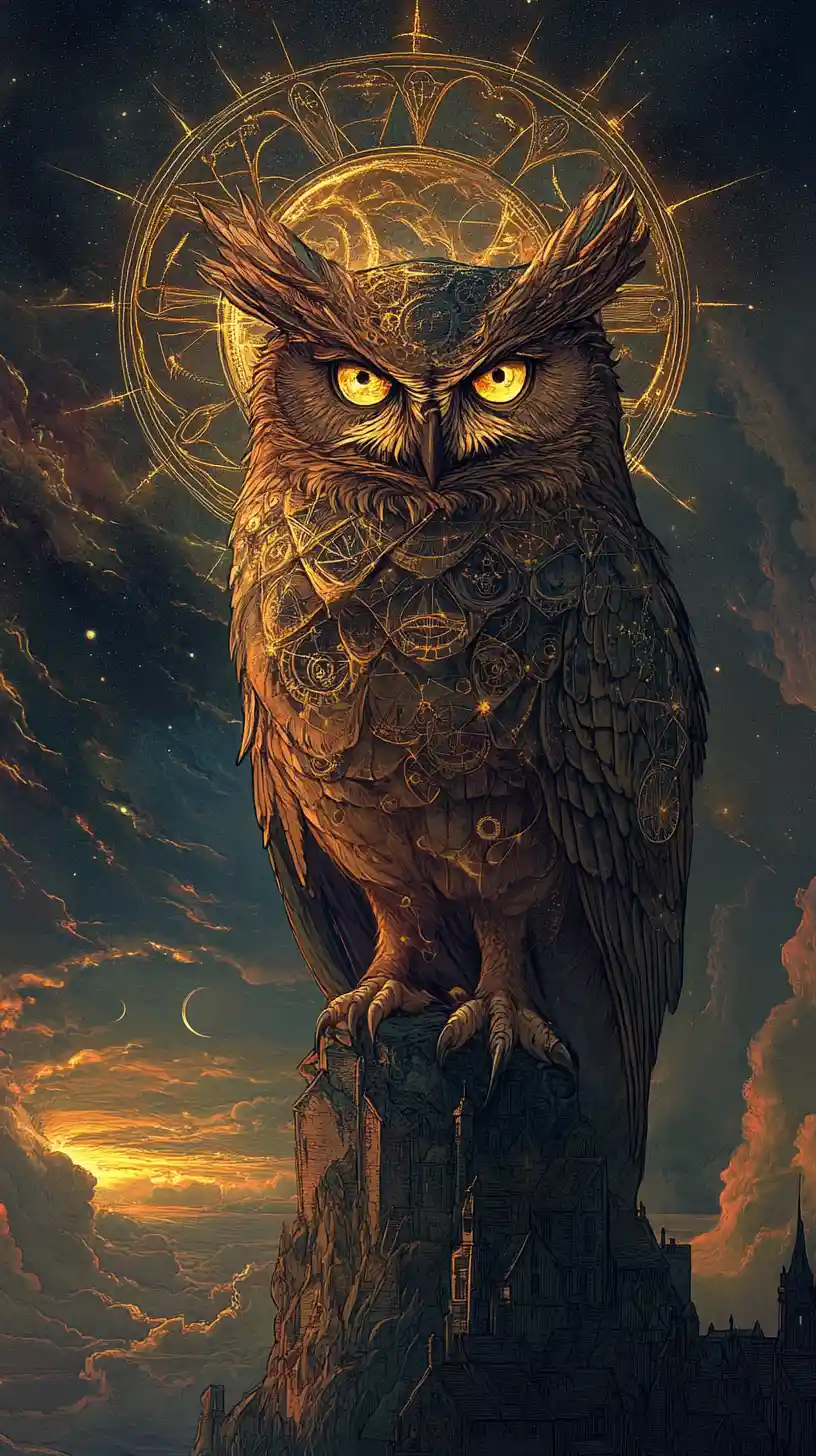 Giant ornate owl watching over a quiet coastal village
