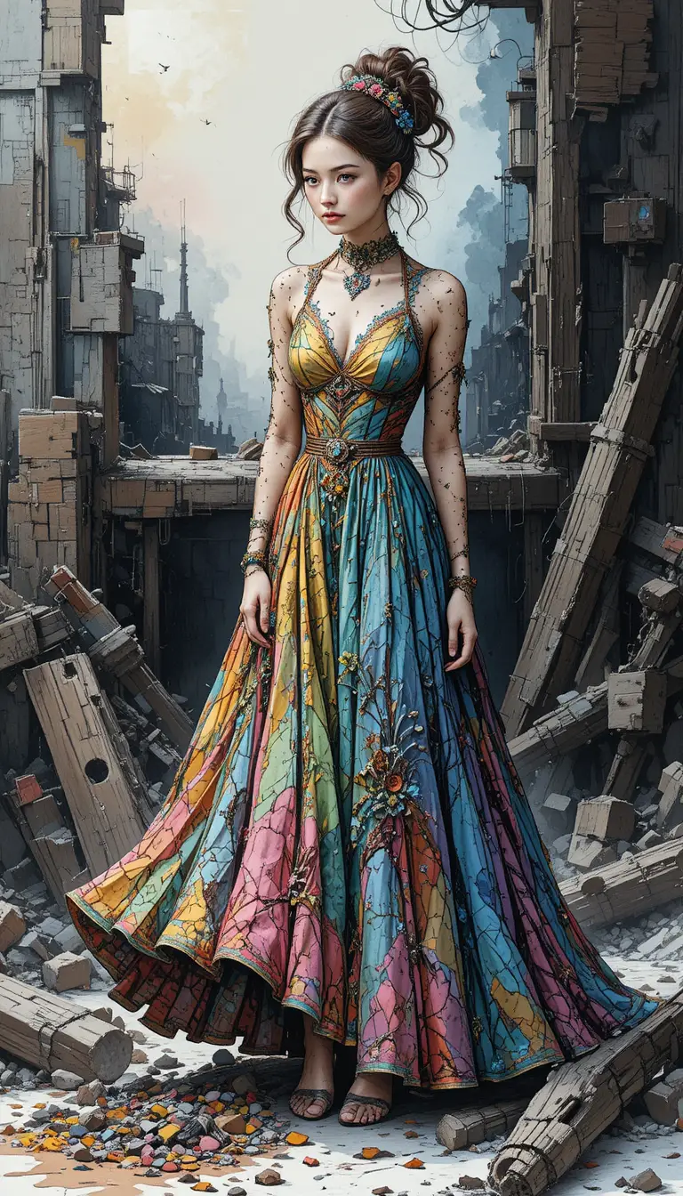 Farbenfrohes langes Kleid mit feiner Schraffur und vielen Details gezeichnet