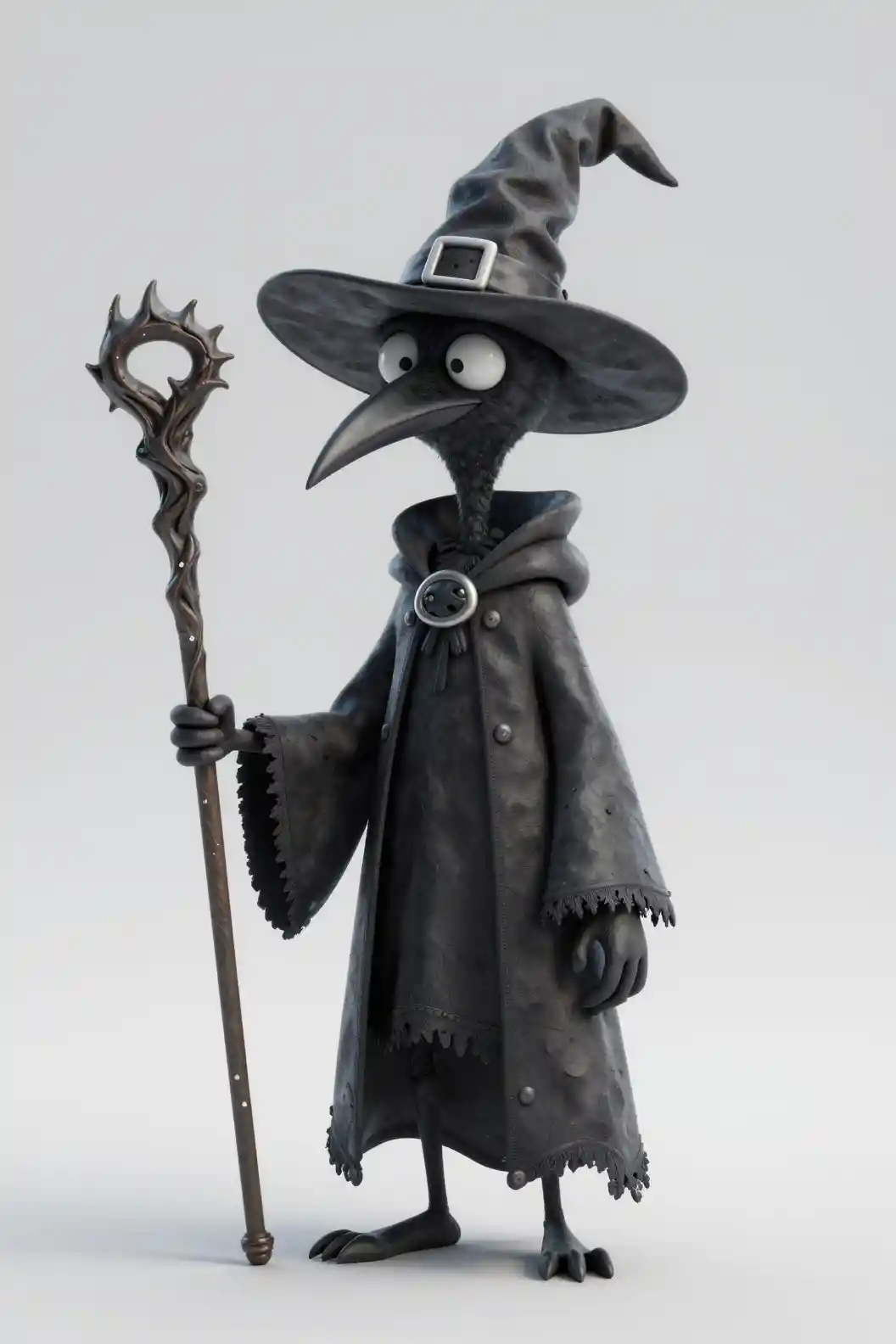 Tall fantasy raven witch in a stylized 3D render