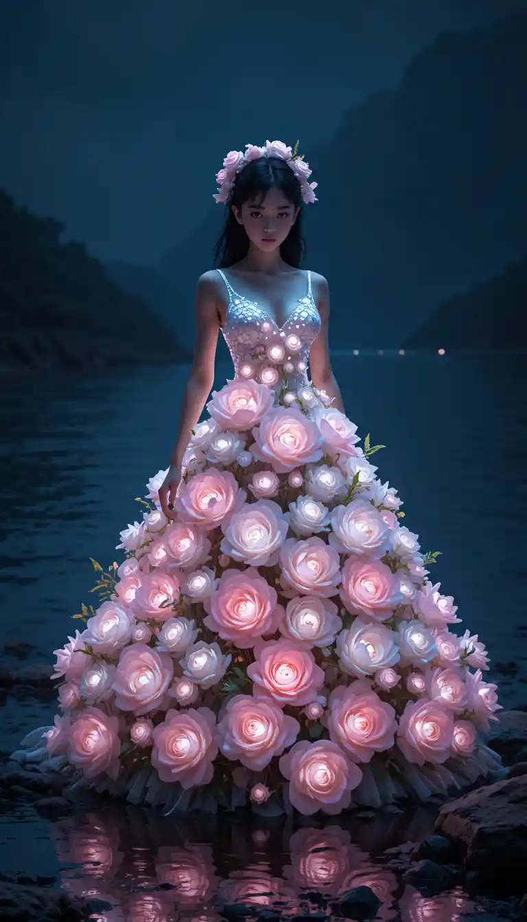 Girl in glowing neon flower dress by a dark lake
