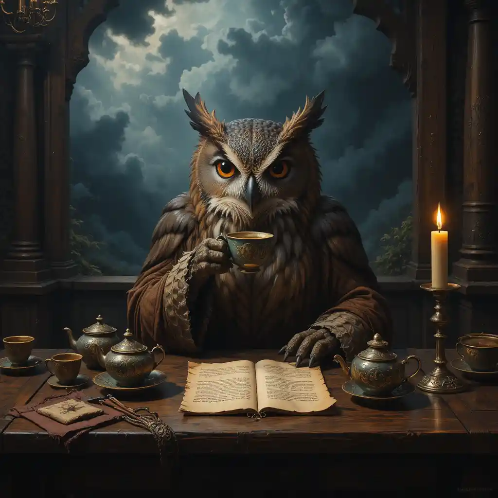 Wise owl drinking tea at a candlelit wooden table