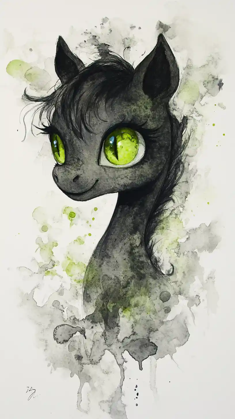 Dreamlike watercolor of a tiny smiling horse with green eyes