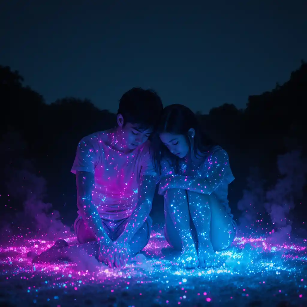 Sad boy and girl glowing with neon dust at night