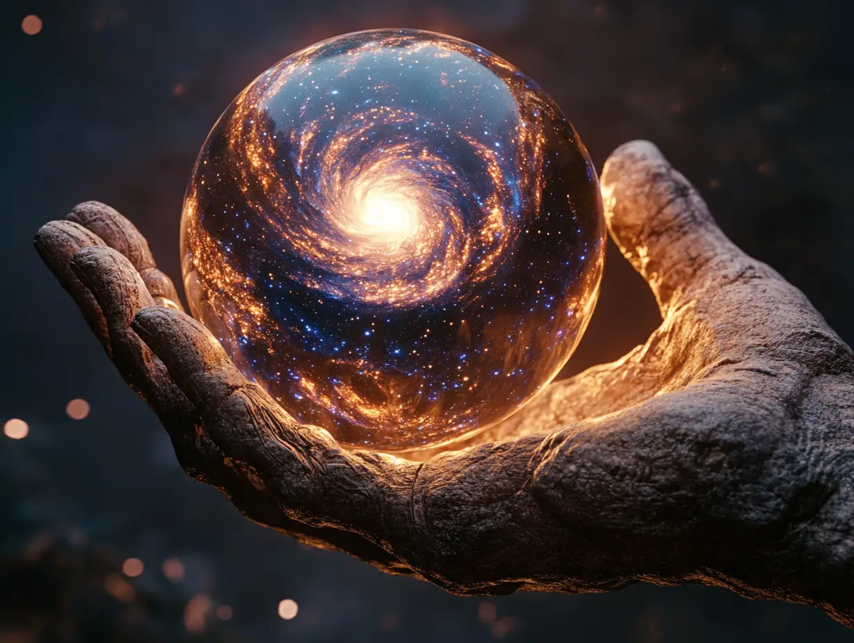 Stone hand holding a glowing galaxy within a glass sphere