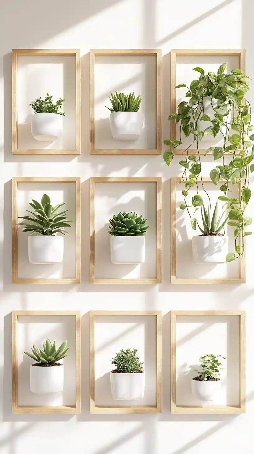 Minimalistische Wandgalerie mit Topfzimmerpflanzen in Holzrahmen