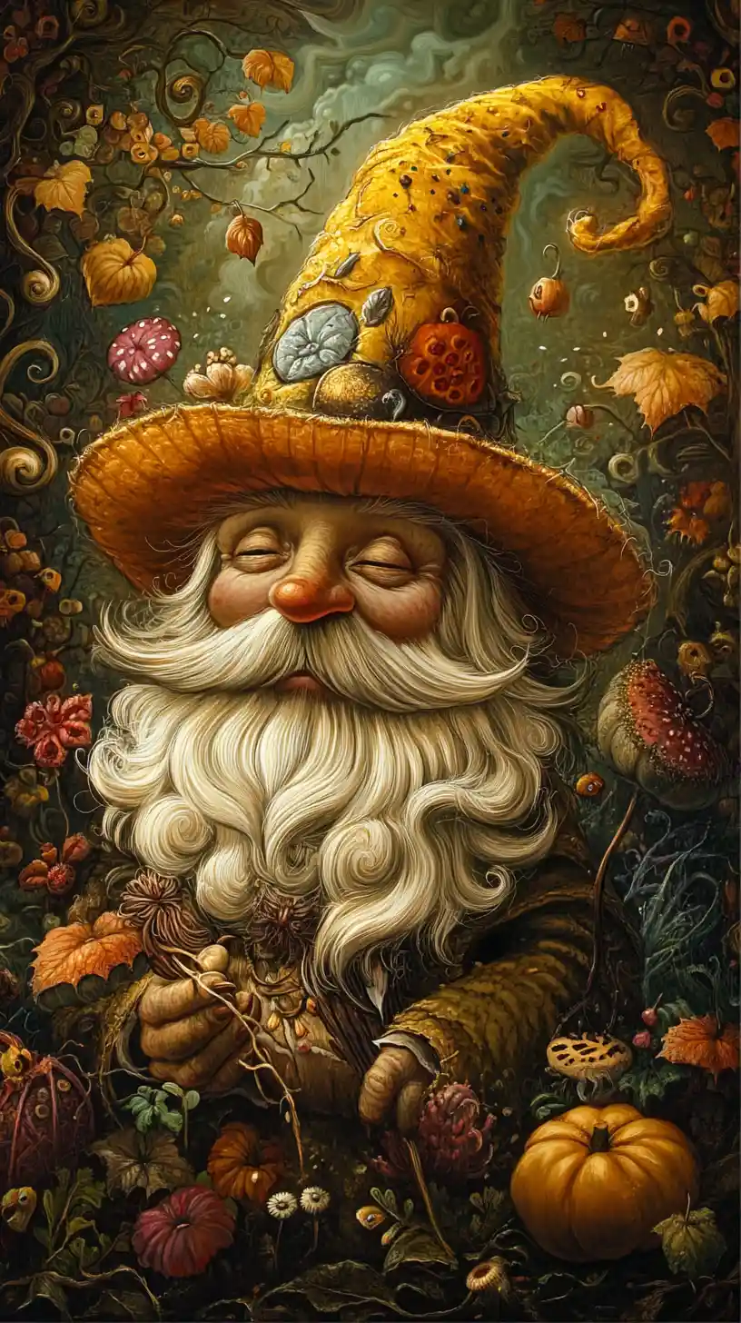 Whimsical wizard creature in a vibrant halloween fantasy scene
