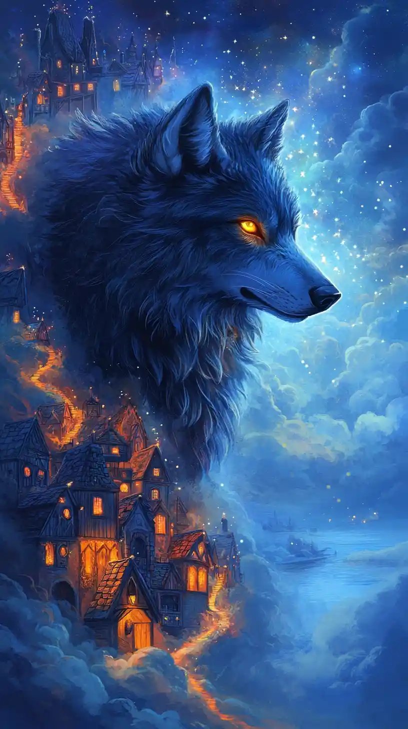 Mystical Wolf Of Light Guiding Along A Quiet Coastline