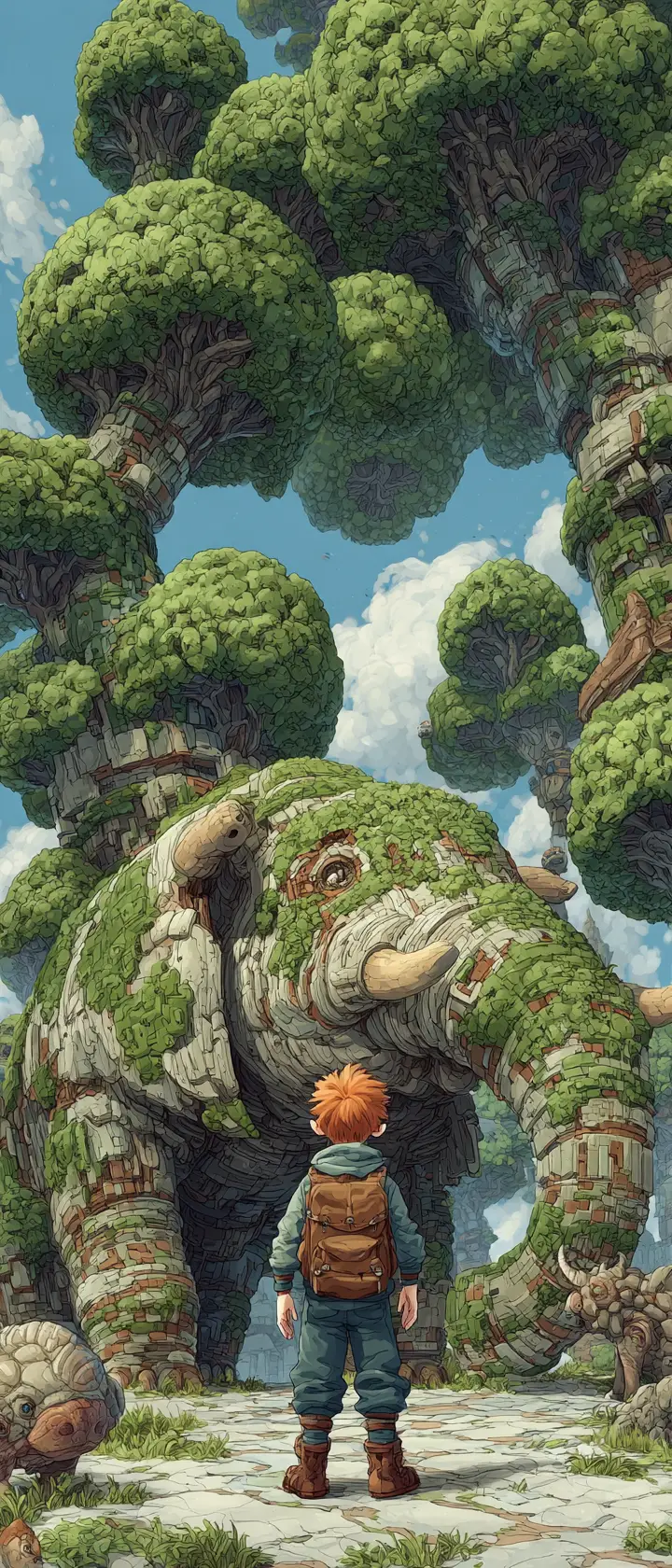Anime wanderer discovering a surreal lego forest world