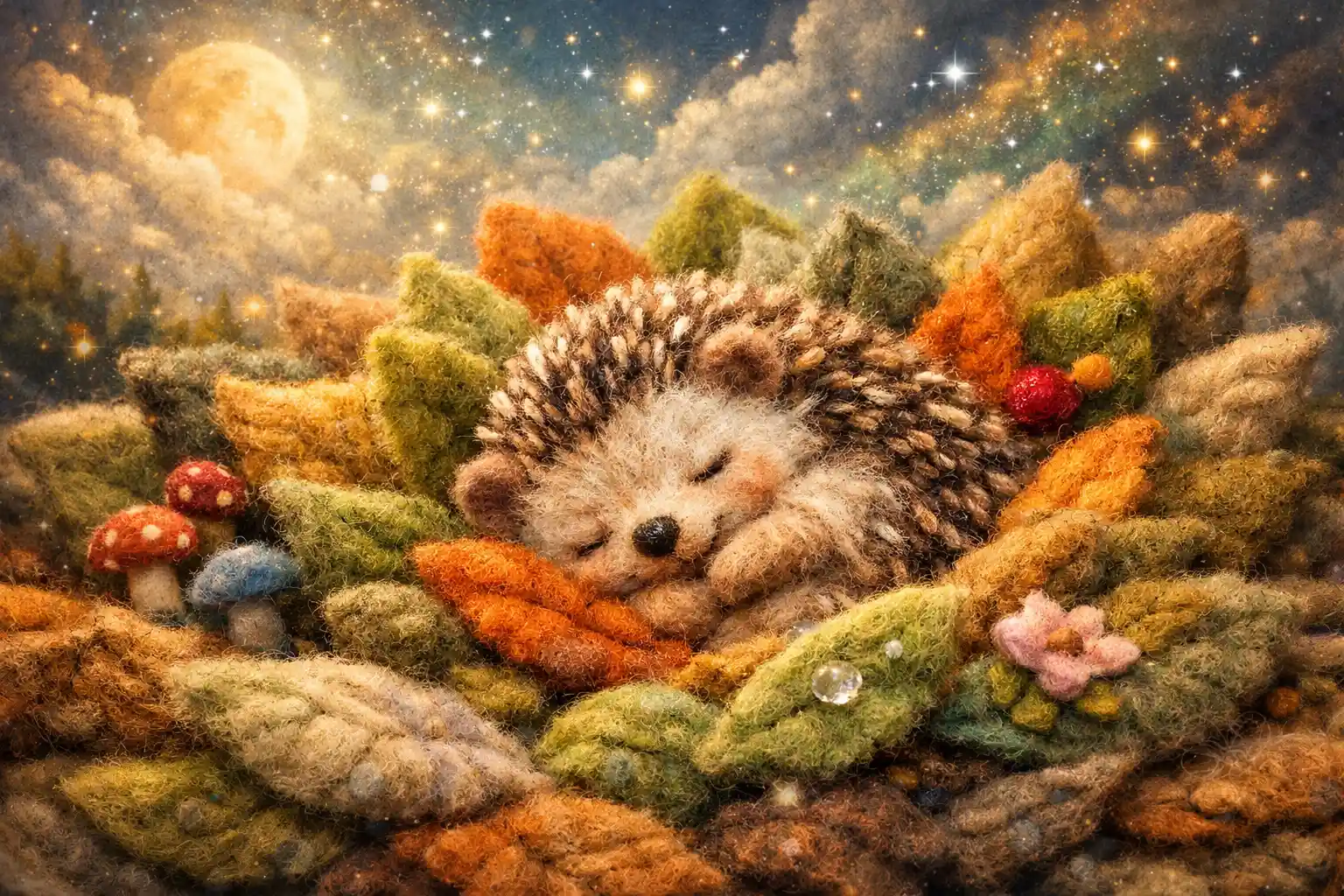 Sleepy Felted Hedgehog Nestled In Soft Wool Leaves