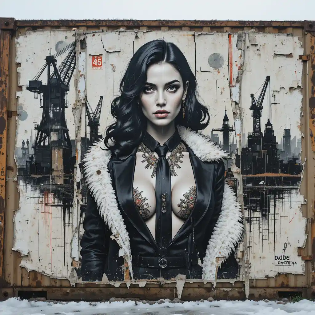 Ritratto di femme fatale su poster stradale industriale strappato