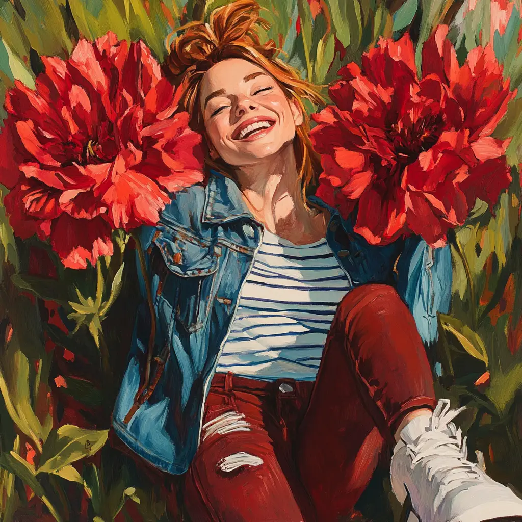 Woman climbing among giant red carnations in a garden