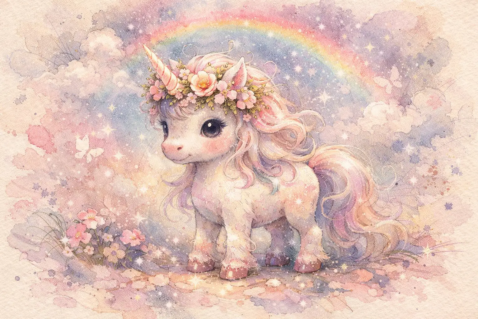 Tiny unicorn illustration with pastel mixed media textures