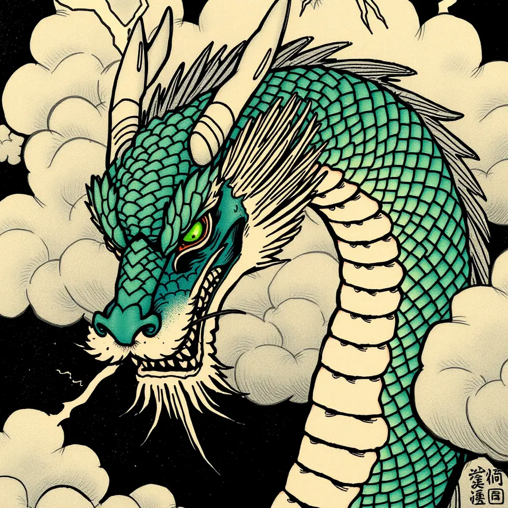 Dragon coiling through storm clouds in traditional detail