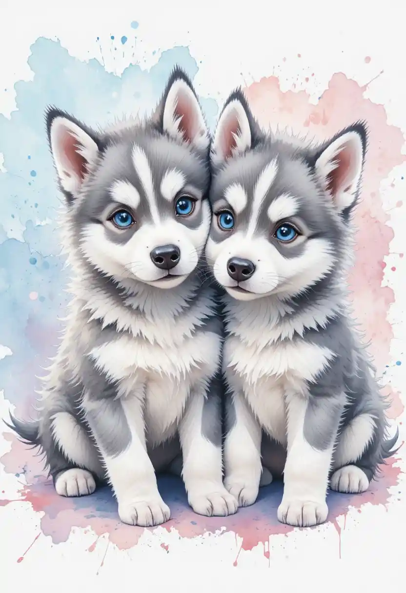 Two cuddling husky puppies in soft pastel watercolor art