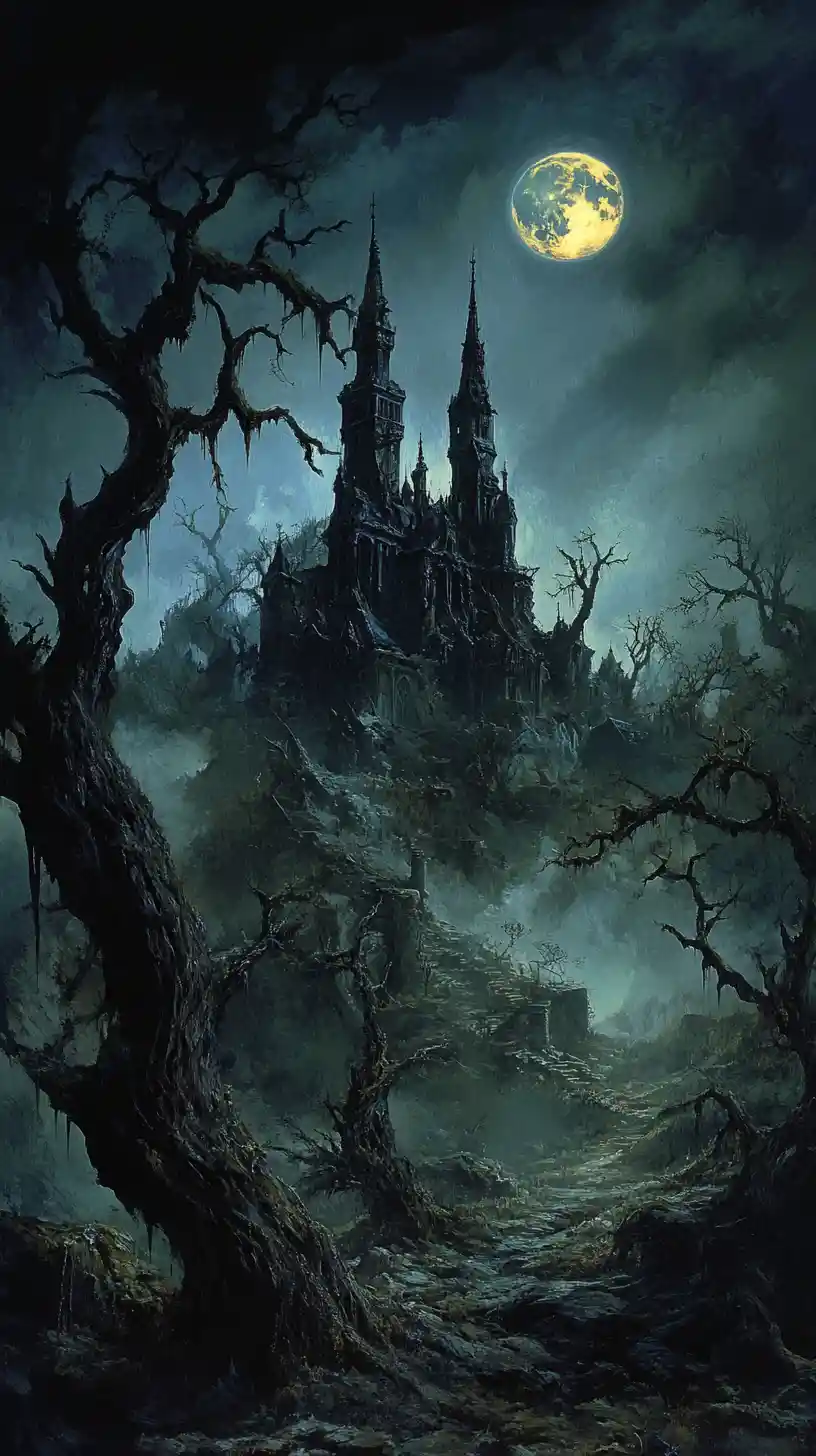 Witch emerging in a twisted haunted forest at twilight