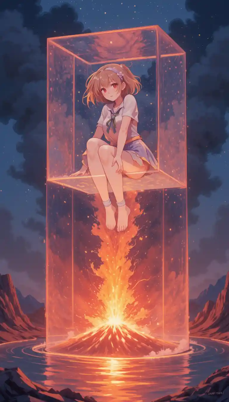 Garota de anime encolhida acima de uma paisagem vulcânica brilhante