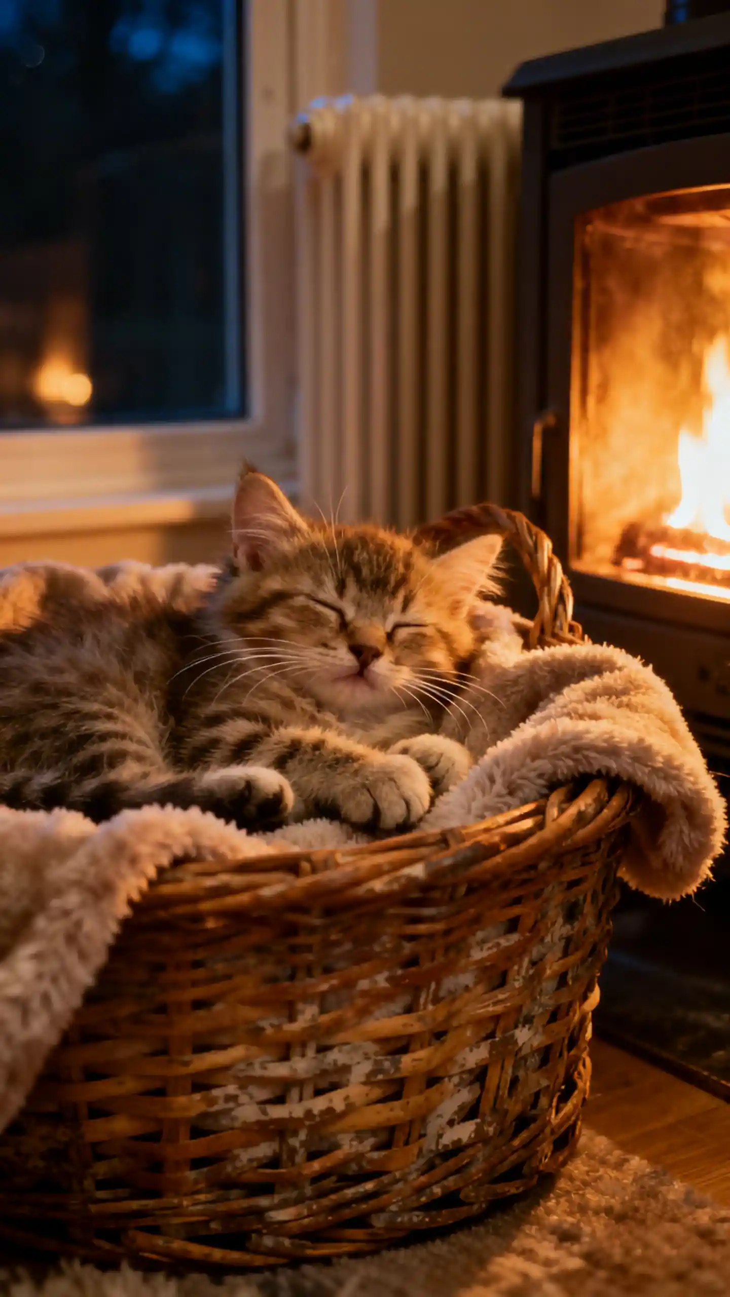Sleeping kitten in a cozy wicker basket at night