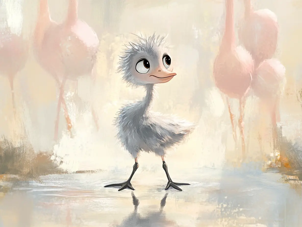Baby flamingo in shallow lagoon with watercolor reflections