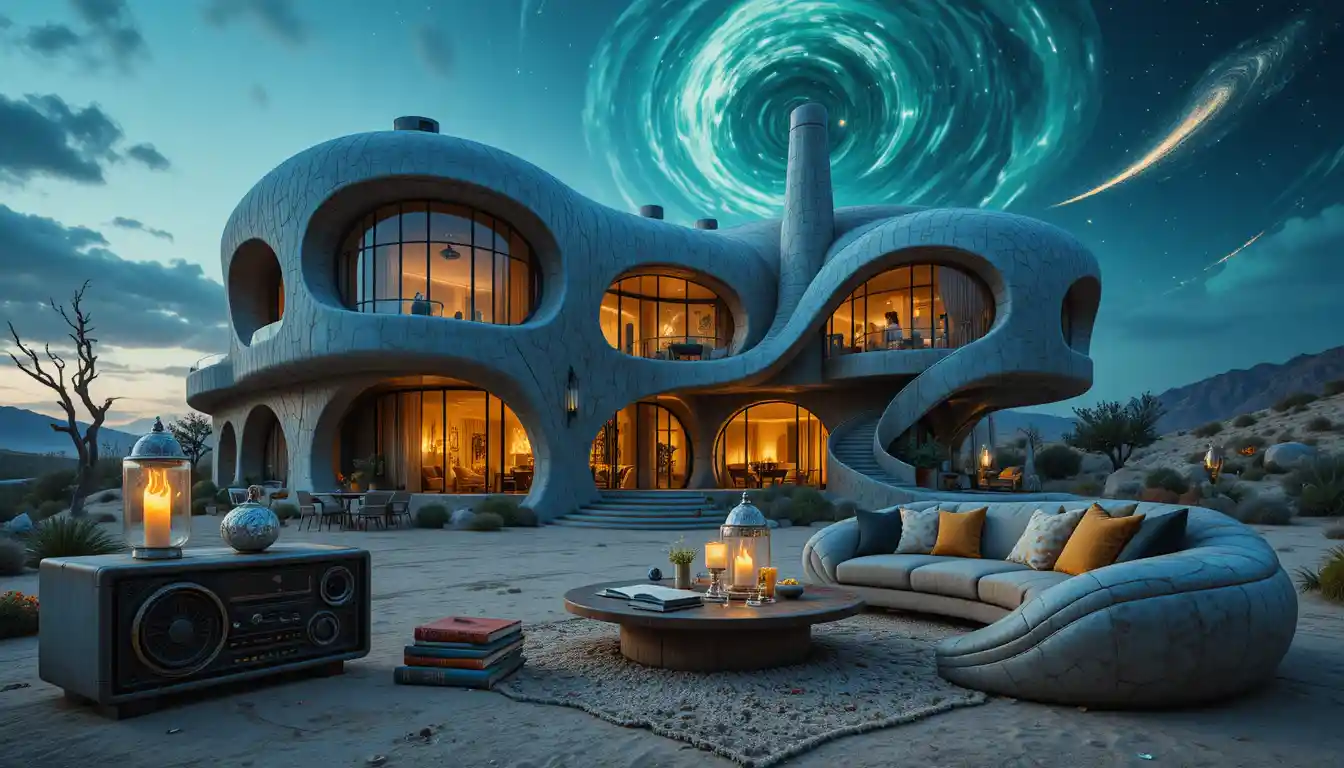 Futuristic organic villa in a serene desert landscape